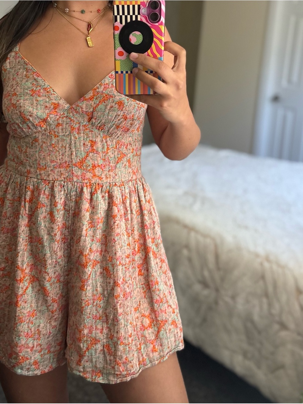 American Eagle Outfitters Floral Print Romper in Cream and Orange